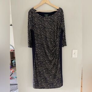Lauren Ralph Lauren Navy and Cream Long Sleeve Midi Dress